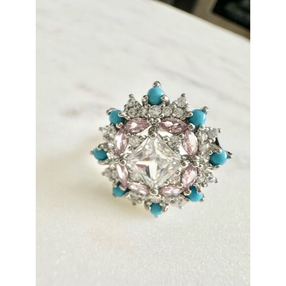 Light pink and turquoise blue cubic zirconia adjustable cocktail ring ￼ - Picture 7 of 8